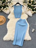 Runhufu 2024 Retro Knitted Two Pieces Sets Sleeveless Short Top+High Waist Slim Long Skirts Female Summer Hotsweet Suits