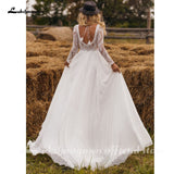 runhufu Chiffon V Neck Long Sleeve Bridal Dress Sweep Train Lace Open Back Bohemian Boho Beach Wedding Dress Wedding Gown