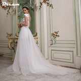 Runhufu 3D Flowers Lace Detachable Train Mini Short Wedding Dress V Neck Backless Cap Sleeves High Low Bridal Gown Above Knee