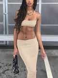 Runhufu Summer Women Two Piece Matching Sets One-Shoulder Straps Crop Tube Tops+Long Fishnet Skirts Party Street Beach Suits