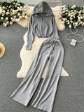 Runhufu Fashion Casual Sports Knitted Suits Zipper Hoodie+Elastic Waist Drawstring Wide Legs Long Pants Winter Two Pieces Sets