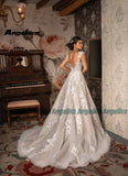 Runhufu Classic V-neck Wedding Gowns for Women Cap Sleeves Lace Appliques Backless Tulle Sweep Train Robe De Soiree De Mariage