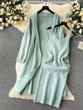 Runhufu Autumn Thick Warm Knitted Suits 2024 Strap Knit Dress+Loose Long Cardigans Sweater Home Wear Casual Two Pieces Sets
