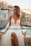 Runhufu Vintage Spaghetti Straps Wedding Dresses A Line Tulle High Split Appliques Backless Sweep Train Vestidos De Novia