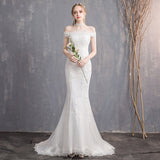 runhufu New Simple Mermaid Wedding Dress Off The Shoulder Floral Print Lace Up Bridal Dress Vestido De Noiva Plus Size Made Custom