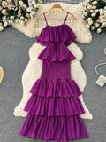 Runhufu 2024 Women Hotsweet Chiffon Sundress Strap Cake Backless Sheath Bodycon Long Dress Vacation Retro Elastic Beach Dress