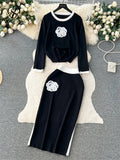 Runhufu Floral Design Knitted Suits O Neck Loose Pullover+Midi Bodycon Skirt Korean Style Women Autumn Casual Sweater Sets