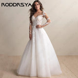 Runhufu Elegant Wedding Dresses For Woman Long Sleeves Scoop Illusion Bridal Gowns Lace Applique A-Line Tulle vestido de noiva