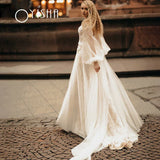 Runhufu V-Neck Puff Sleeve Wedding Dress 2023 A-Line Lace Appliques Modern Backless Bride Gown Tulle Sweep Train Robe De Mariée