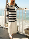 Runhufu Casual Summer Knit Beach Long Dress Women Stripe Long Sleeve Square Neck Hollow Out A-Line Maxi Dress Vacation Clothes
