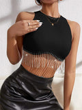 Runhufu Rhinestone Tasseled Summer Crop Tops Women Chic Sleeveless Crew Neck Tank Tops Club Party Streetwear Sexy Vest Tops