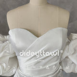 Runhufu Real Picture Off-Shoulder Puff Sleeves Pleats Short Wedding Dress Sheath Above Knee Mini Bridal Gown Custom Made