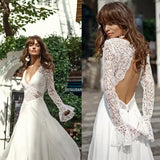 Runhufu elegance Sexy A-Line Wedding Dresses V Neck Long Sleeves Appliques Bridal Gowns Backless Sweep Train Wedding Dress vestidos