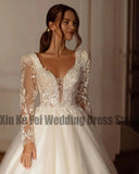 Runhufu Wedding Dresses Gown Lace Appliques Long Sleeve V-Neck Fluffy Mopping Bridal A Line Pockets Backless Elegant New 2024