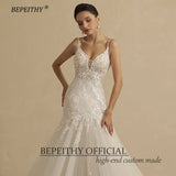 Runhufu Sexy Backless Trumpet Lace Wedding Dresses For Women 2024 Bride V Neck Sleeveless Ivory Summer Mermaid Bridal Gown