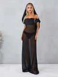 Runhufu Off-Shoulder Mesh Sheer Ruched Hooded Long Dress Women's See-Through Backless Dresses Vestidos Cocktail Party Beach Club