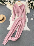 Runhufu Winter Casual Knitted Two Pieces Suits V Neck Long Sleeve Sweater+ Elastic Casual Long Pants Sets Women Sweater Sets