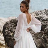 Runhufu Elegant White A-Line Wedding Dresses Puff Sleeve V-Neck Bridal Gowns Boho Beach Lace High Split Wedding Prom Gowns Plus Size