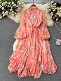 Runhufu France Retro Loose Dress Floral Long Lantern Sleeves Beading Irregular Ruffles Elastic Lace Up Women Vintage Dress