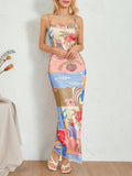 Runhufu Chic Floral& Fish Print Spaghetti Strap Long Dress Women's Summer Elegant Sleeveless O Neck Wrap Slip Bodycon Dress