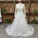 Runhufu Elegant O-Neck Wedding Dresses Lace Up A-Line Appliques Long Sleeves Beach Bride Gowns robe de mariée bohème Plus Size