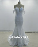 Runhufu Boho V-Neck Mermaid Wedding Dress Off Shoulder Lace Appliques Sexy Backless Bride Gown Button Train Vestido De Noiva