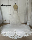 runhufu A-Line Chiffon Illusion Bodice Backless Beach Wedding Dresses for Women Appliques Unique Tail Summer Boho Bride Dress