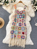 Runhufu 2024 Sunmmer Knitted Dress Hook Flower Hollow Out Tassel Women Slim Streetwear Original Design Fashion Vintage Dress
