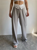 Runhufu Women High Waist Casual Straight Leg Pants Fashion Lapel Top Patchwork Zip Button Loose Long Trousers Chic Fall Bottoms
