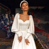 Runhufu Elegant Off Shoulder Wedding Dresses New 2024 White Gorgeous Satin Long Sleeve Sexy Backless Simple Robe Bridal Gown