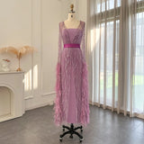 Runhufu Said Luxury Dubai Feathers Light Yellow Evening Dresses with Cape Sleeves Arabic Purple Women Wedding Party Gowns SS420