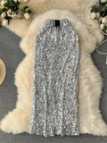 Runhufu Women Sequines Shiny Skirt 2024 New Autumn Fashion American Retro Streetwear Bodycon Senior Slim Fit Midi Party Skirt