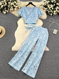 Runhufu High Street Women Lace Slim Two Pieces Suits Summer Lace Up Short Top+Wide Legs Long Pants Set Retro Lace Floral Sets