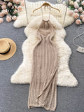 Runhufu Sexy Backless Knitted Dress Women Halter Sleeveless Hollow Out Split Sundress Korean Vacation Knit Beach Long Dress