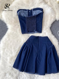 Runhufu Summer Fashion Denim Two Pieces Suits Strapless Sexy Top+ Short A Line Skirt Streetwear Hotsweet Vintage Beach Sets