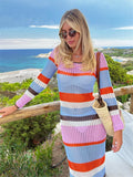 Runhufu Hollow Out Knit Crochet Beach Long Dress Casual Holiday Party Wear Striped Long Sleeve Round Neck Wrap Dress Women