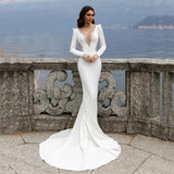 Runhufu Deep V Neck Wedding Dresses Pleat Satin Cut Out Appliques Mermaid Ball Gowns Court Train Woman's Formal Bride Beach Party