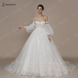 Runhufu Princess Vintage Ivory Wedding Dress For Women Strapless Court Train Detachable Sleeves White Glittle Bridal Ball Gown