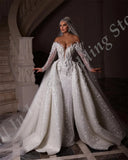 Runhufu New Luxury Wedding Dress Sparkly Sequin Dubai Off-Shoulder Long Sleeves Pearls Beads Mermaid Detachable Train Bridal Gown