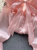 Runhufu Bow Sweet Satin Loose Blouse Women Ruffles Long Sleeves Autumn Shirt Fashion Streetwear Korean y2k Vintage Top 2024
