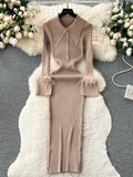 Runhufu Senior Knitted Slim Dress Turndown Collar Long Sleeves Feathers Decoration Autumn Fashion Women Bodycon Striped Dress