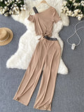 Runhufu Vacation Casual Sports Suits Summer Off Shoulder Short Camis Tops+High Waist Wide Leg Pants Women Y2K Two Pieces Sets