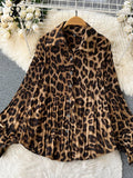 Runhufu Leopard Vinage Casual Autumn Suits Loose Folds Lapel Blouse Tops+Wide Leg Long Pants Streetwear Women Two Pieces Suits