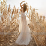 Runhufu Bohemian Wedding Dresses Lace Applique Women's Sexy Deep V-Neck Sleeveless Bridal Gowns Thin Beach Party Princess Robe