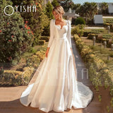 Runhufu Modern Satin Garden Wedding Dresses Portrait Long Sleeve Bridal Gowns Hollow Back Ruffles Train Robe De Soirée De Mariage