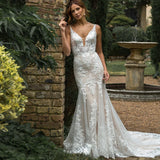 Runhufu Luxury Mermaid Wedding Dresses for Women V-neck Court Train Lace Appliques Vestidos De Novia for Brides Customised