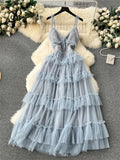 Runhufu Senior Evening Party Dress Strap Sweet Edible Tree Fungus Sleeveless Fashion Large Swing Mesh Birthday Cake Dress