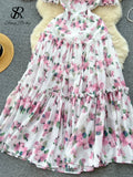 Runhufu Beach Vacation Floral Print Dress Women Backless Lace Up Cross Bandage Ruched Korean Hotsweet Fashion Party Long Dress