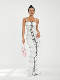 Runhufu Retro Sling Wrap Pleated Long Dress Women's See-Through Bowknot Mesh Sheer Bodycon Dress Party Nightclub Vestidos