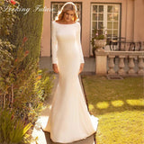 Runhufu Mermaid Wedding Dresse Satin Cowl Back O-Neck Bridal Gown Simple White Long Sleeves Vestido de Novia 2023 Sweep Train